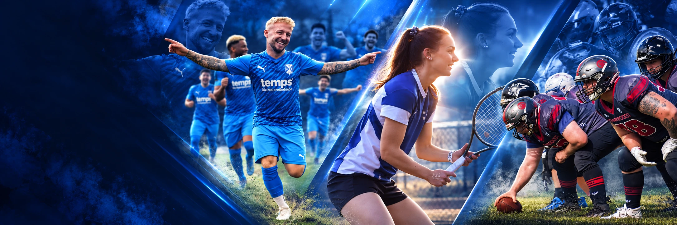 Sportcollage: RSV-Fußballjubel, Tennisspielerin und American-Football-Team